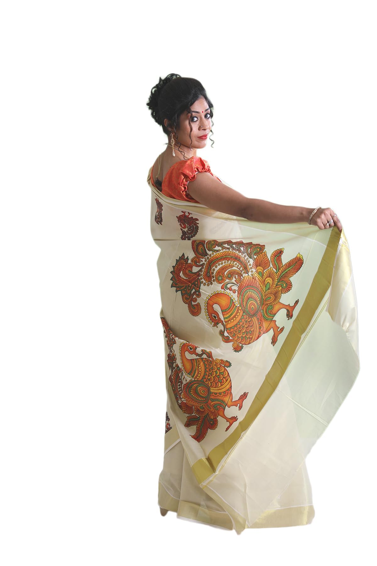 Kuthampully Kerala Kasavu Saree Tissue Mural Painted | Traditional South Indian Saree | Onam Saree | Kerala Saree - Multi Color - Multi Color KTM-694