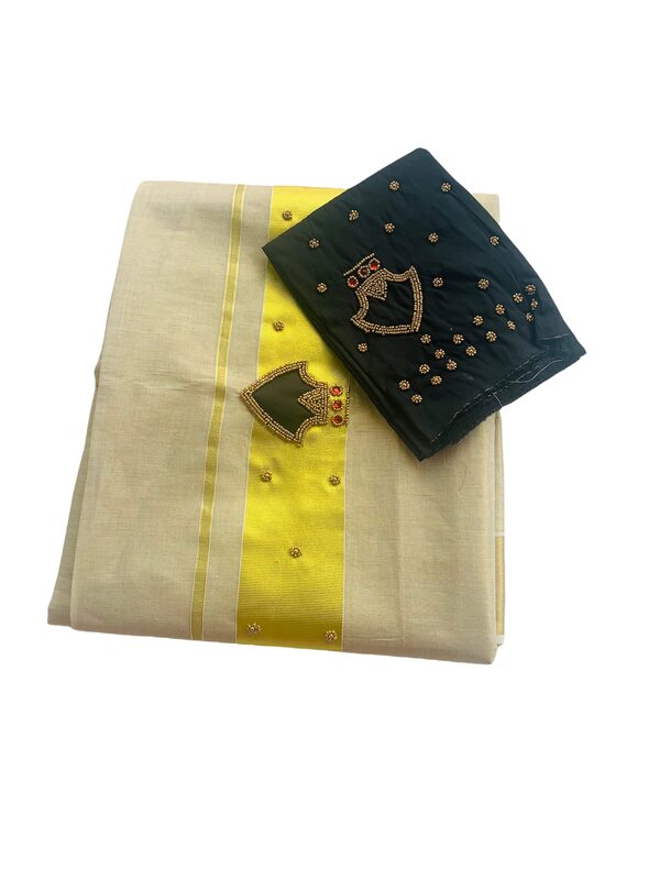 Kuthampully Kerala Kasavu Sarees For Women | Handcrafted Aari work Palakka Kerala Sarees | Tissue Onam Saree With Running Blouse | South Indian Sarees | Women's Zari Kasavu | EKM-596 (Black)