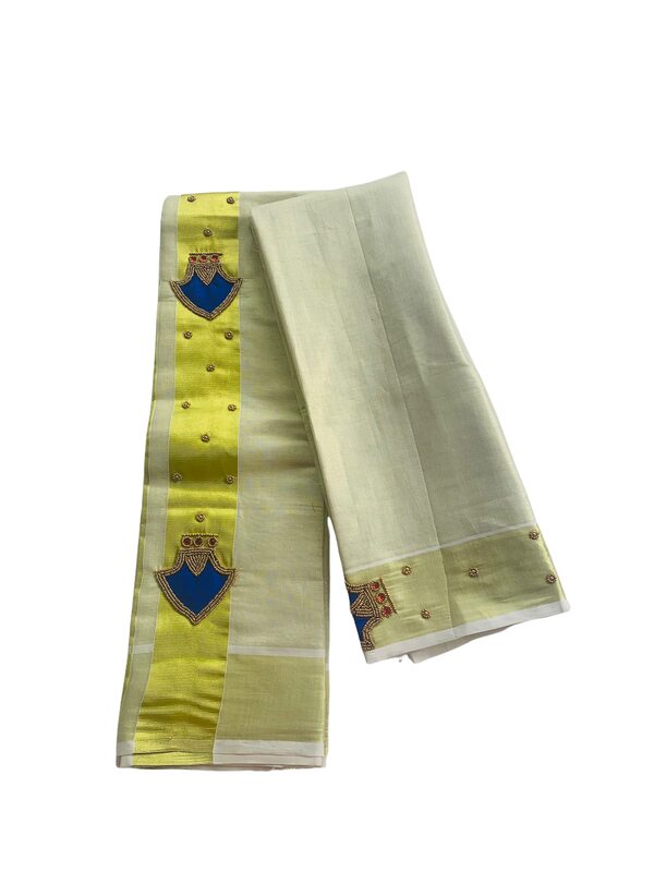 Kuthampully Kerala Kasavu Set Mundu For Women | Handcrafted Aari work Kerala Set Mundu | Tissue Onam Set Mundu With Blouse | Women's Zari Kasavu | EKM-600 (Blue)