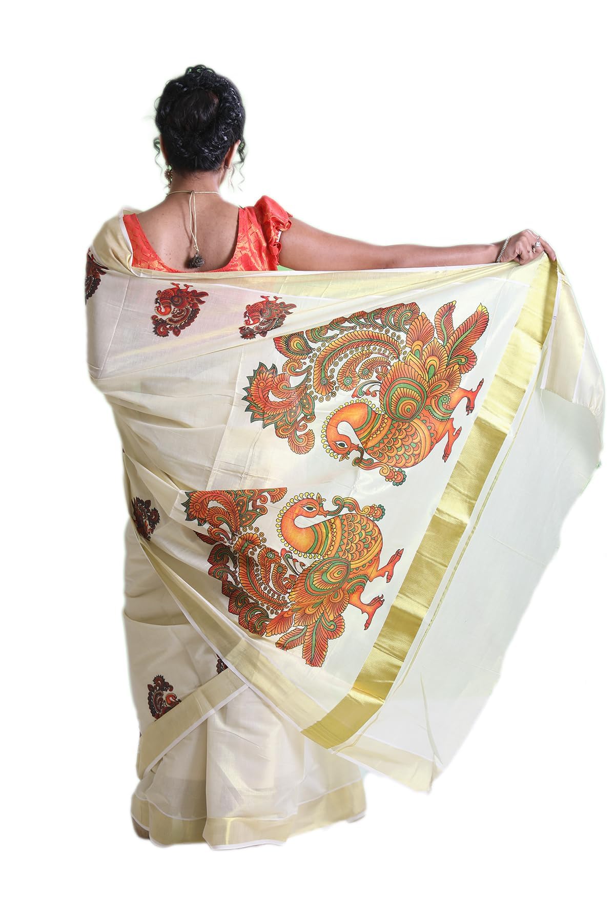 Kuthampully Kerala Kasavu Saree Tissue Mural Painted | Traditional South Indian Saree | Onam Saree | Kerala Saree - Multi Color - Multi Color KTM-694